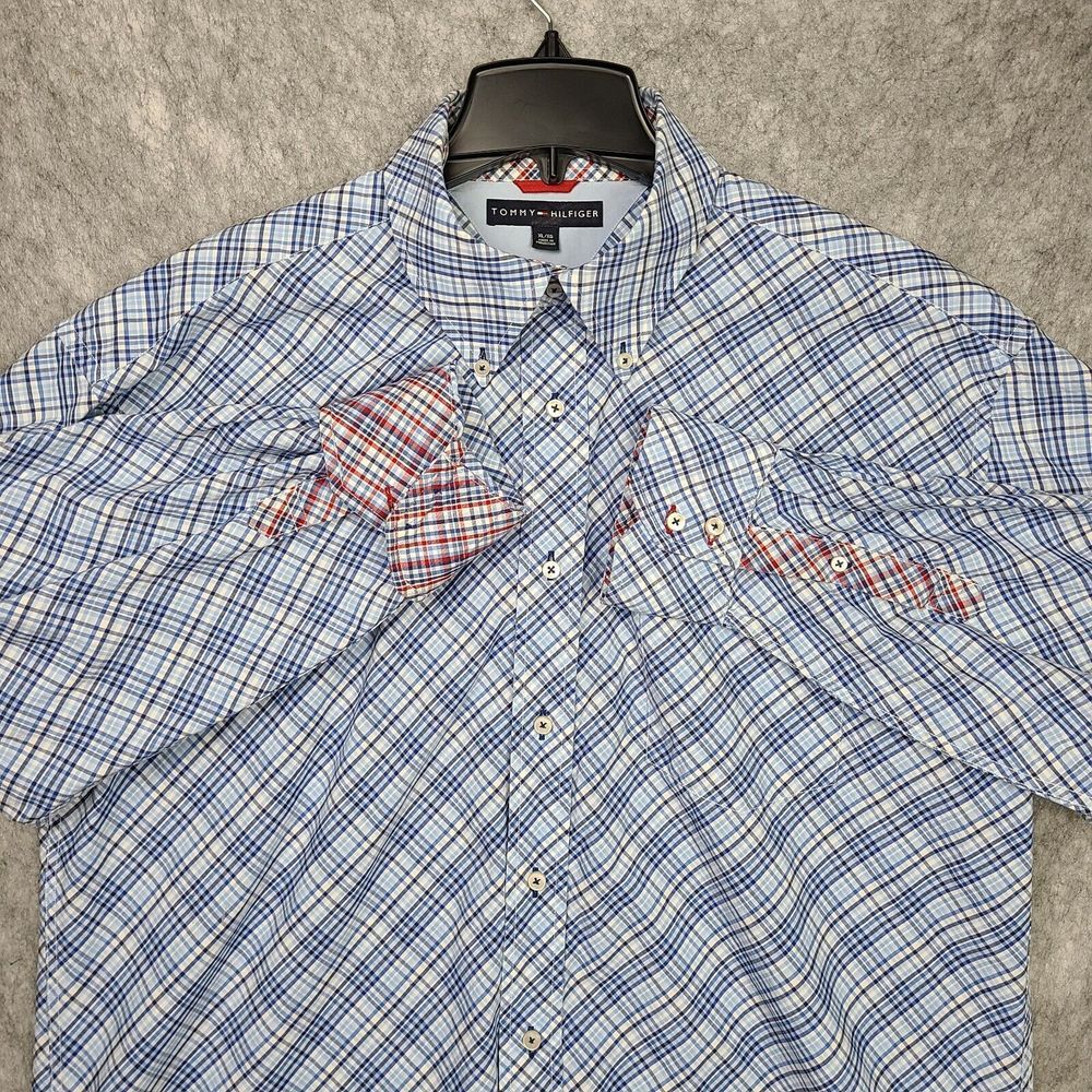 Tommy Hilfiger Button Up Shirt Mens Size XL Plaid Blue Red 80s 2 Ply Fabric‎